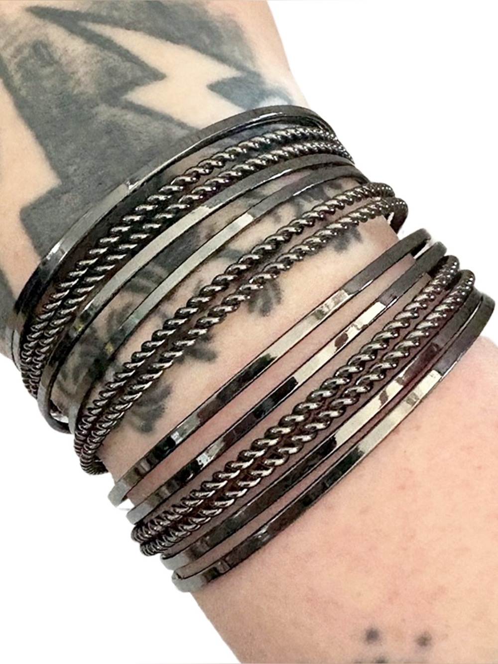 Metallic One Piece Multi Ring Cuff Bangle Bracelet Gunmetal